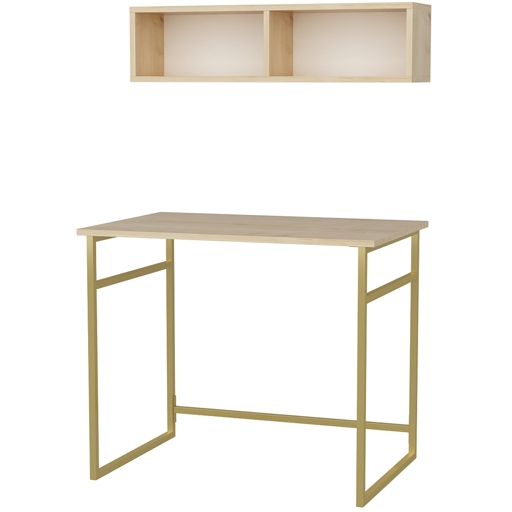 Decorotika Hussum Computer Desk with 2 Section Wall Shelf Gold and Oak Image 2