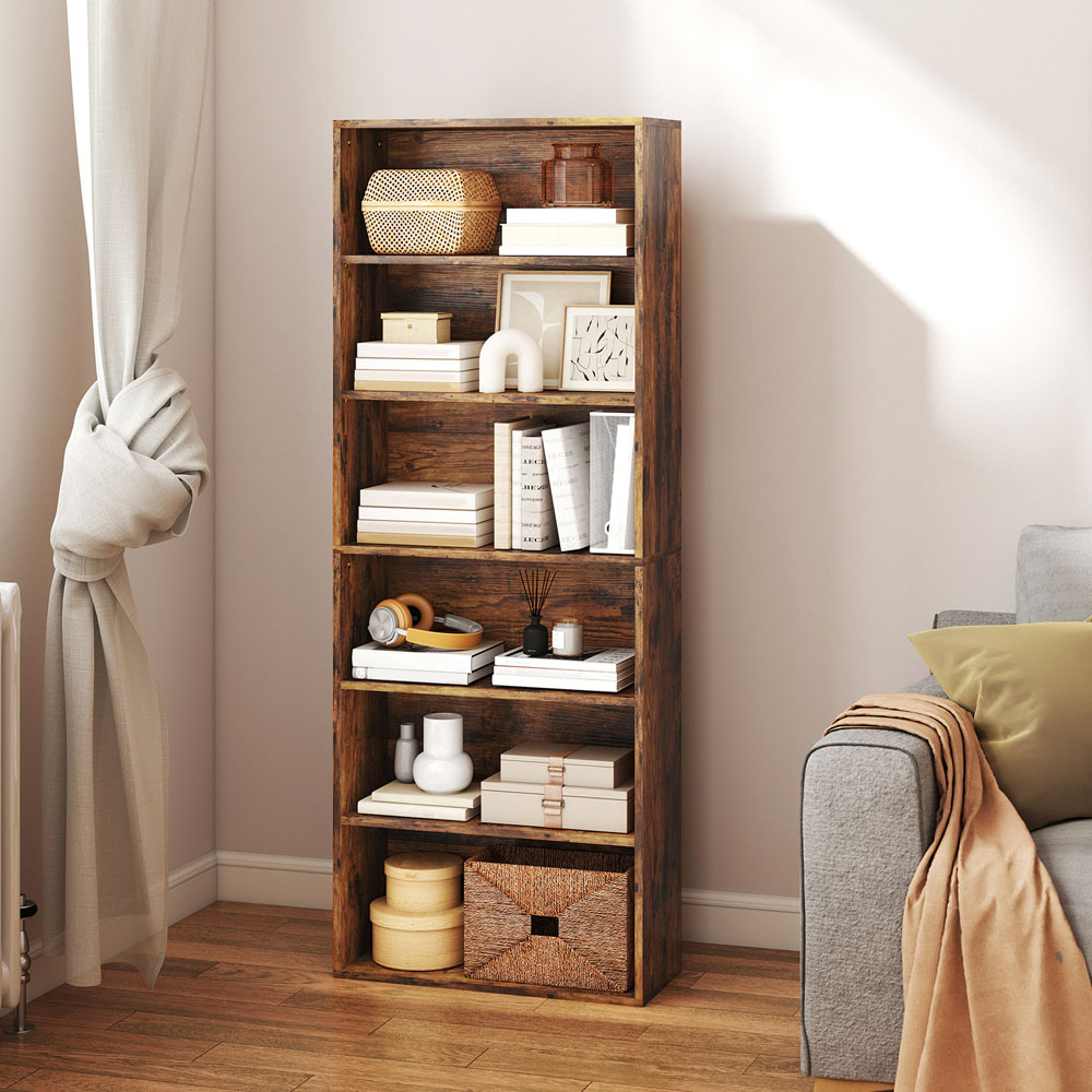 Portland 6 Shelf Rustic Brown Adjustable Freestanding Bookcase Image 3