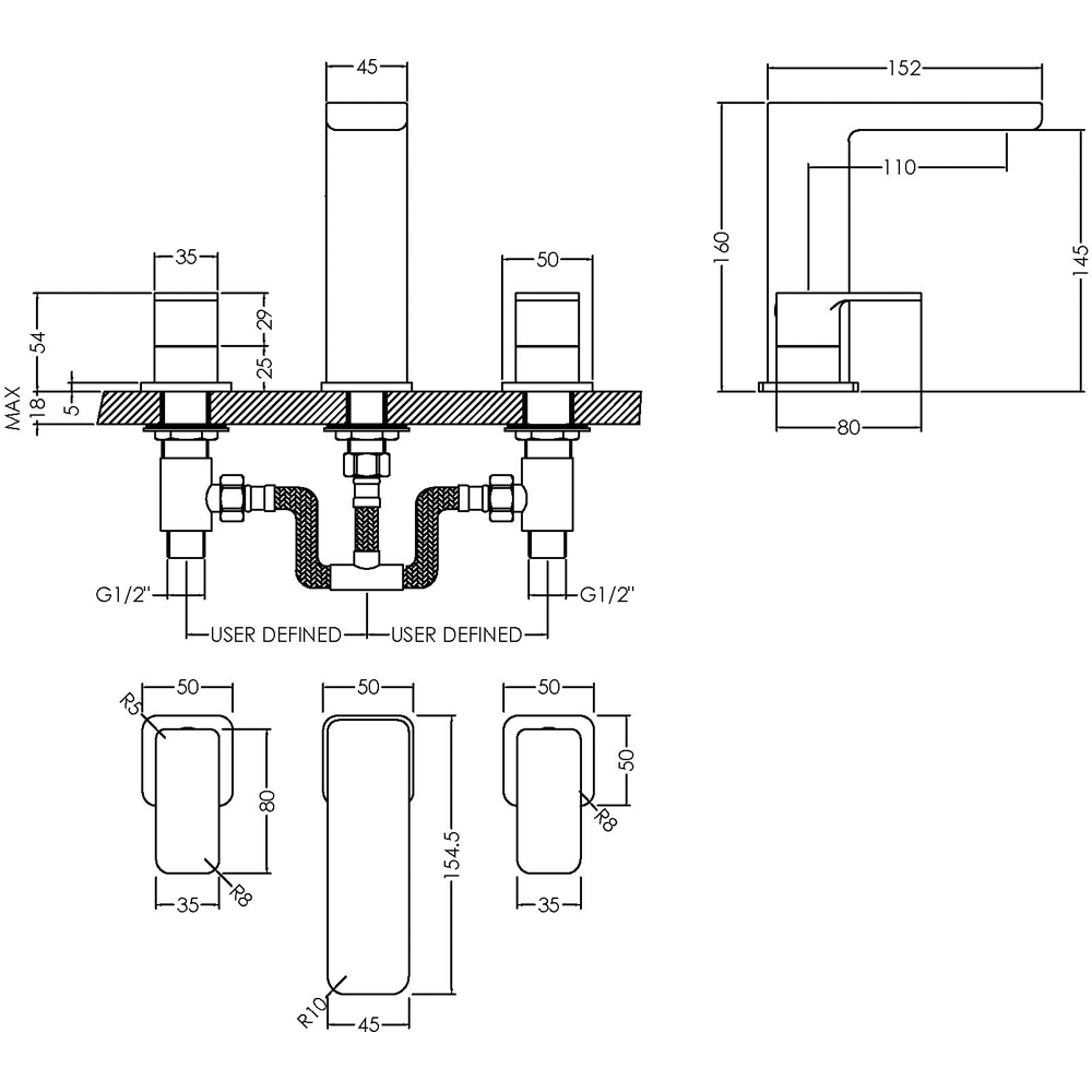 nuie Windon Chrome Deck Mounted 3 Tap Hole Basin Mixer with Pop Up Waste Image 2