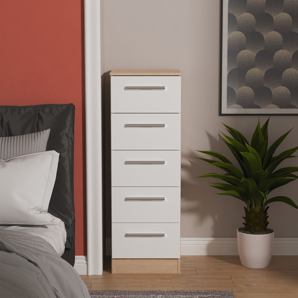 Crowndale Contrast 5 Drawer White Matt and Bardolino Oak Tall Bedside Cabinet Ready Assembled Image 7