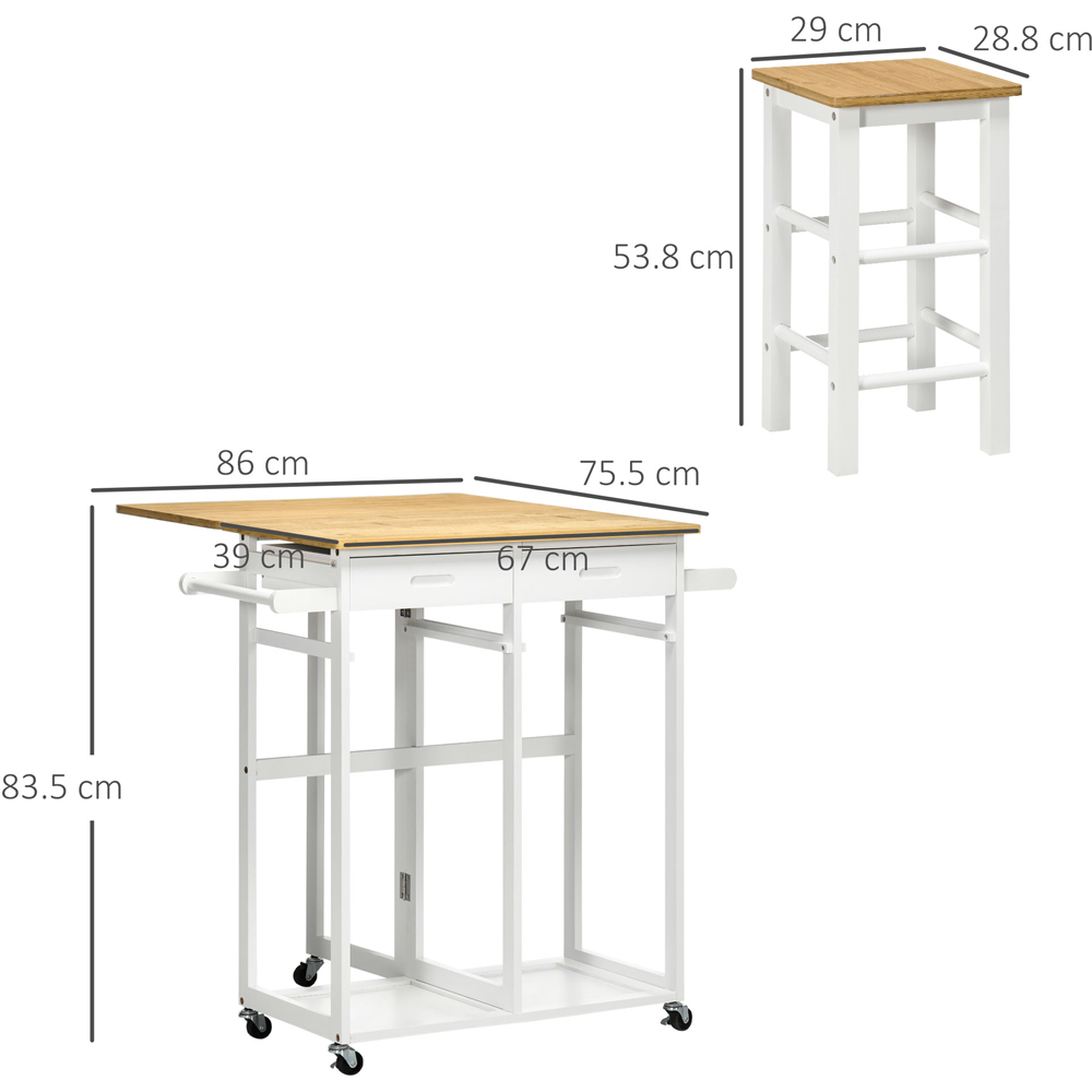 HOMCOM Bamboo Breakfast Cart with 2 Drawer Drop Leaf Table and Stools Image 9