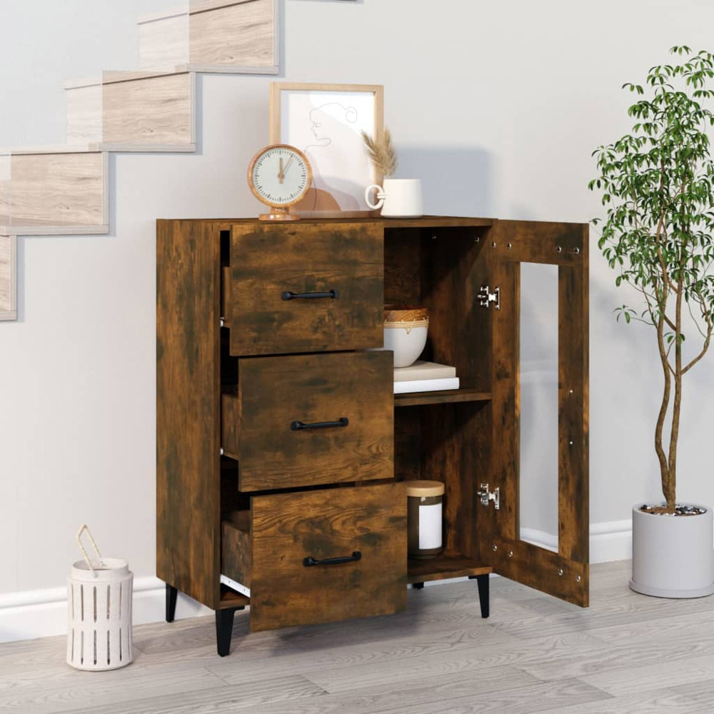 vidaXL Single Glass Door 3 Drawer Smoked Oak Sideboard Image 3