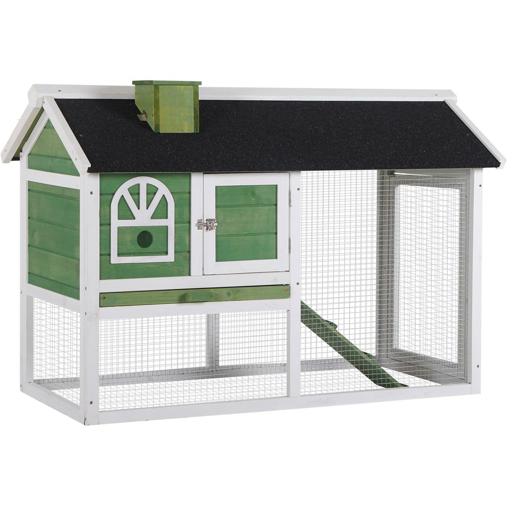 PawHut Green Wooden 2 Tier Rabbit Hutch with Ladder Image 1