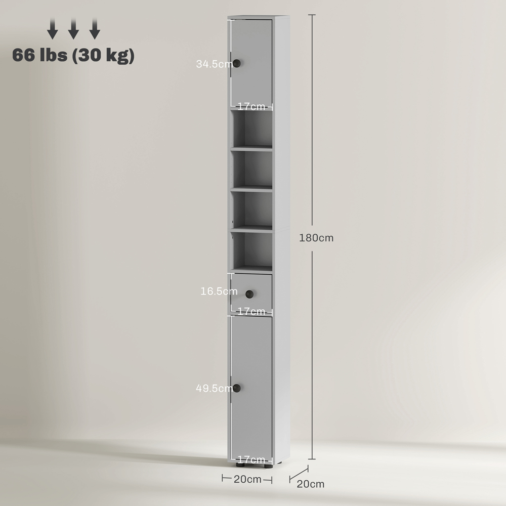 Kleankin 2 Door 4 Shelf Single Drawer Grey Slim Bathroom Storage Cabinet Image 9