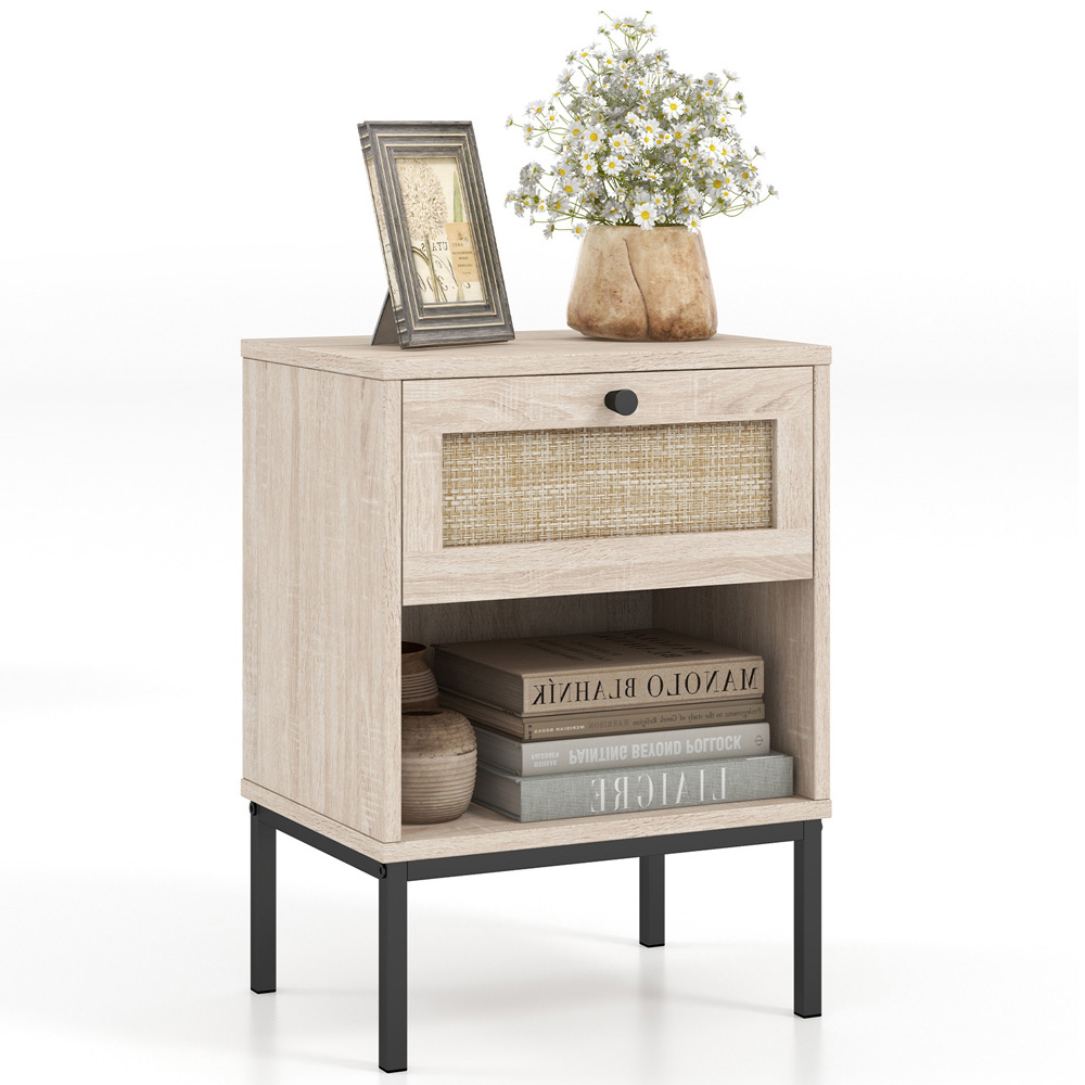 Costway Single Drawer Single Shelf Oak Boho Rattan Nightstand Image 3