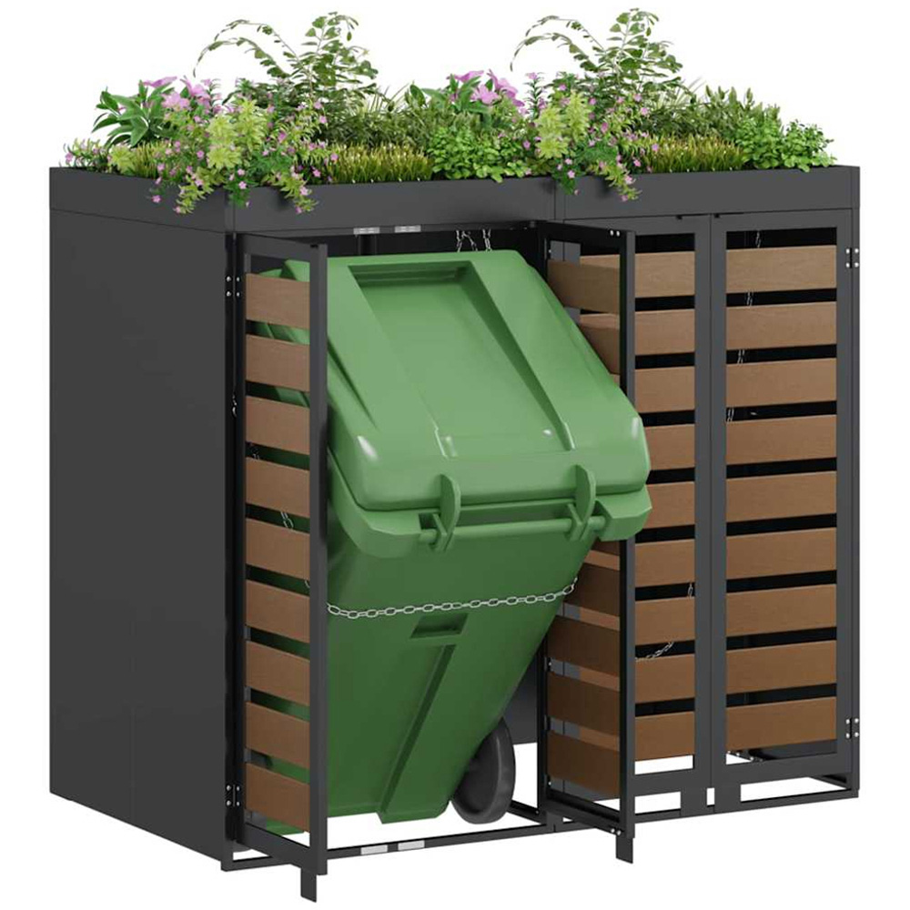 vidaXL Anthracite 2 Wheelie Bin Storage Shed with HDPE Door and Planter Roof Image 3