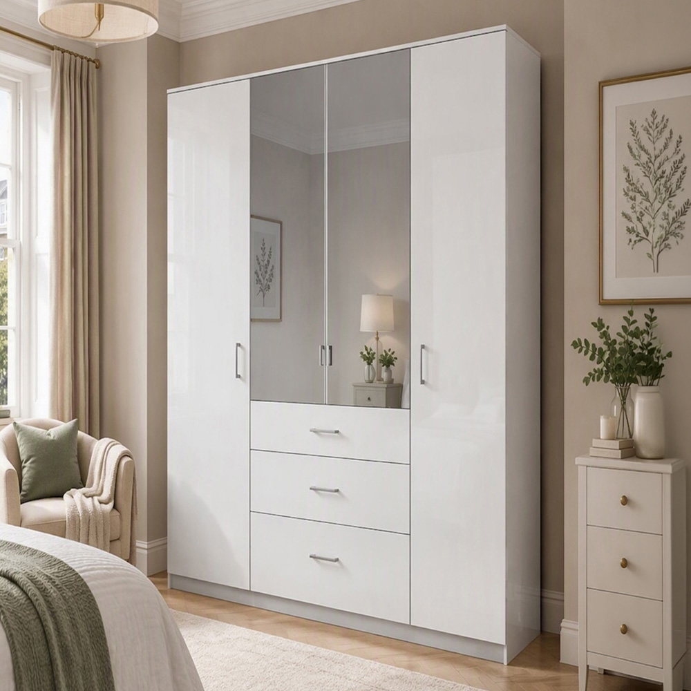 TJ'S Duo 4 Door 3 Drawer White Wardrobe with Mirror Image 1