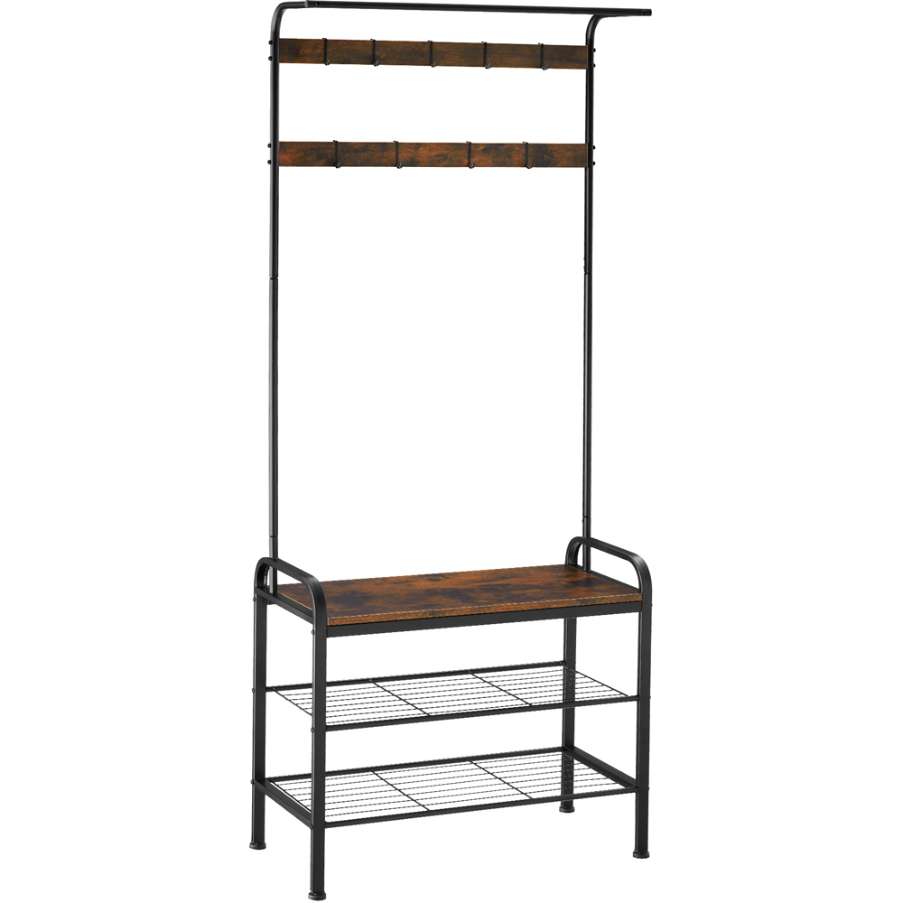 tectake Wichita 2 Shelf 9 Hook Dark Wood Coat and Shoe Rack Image 1