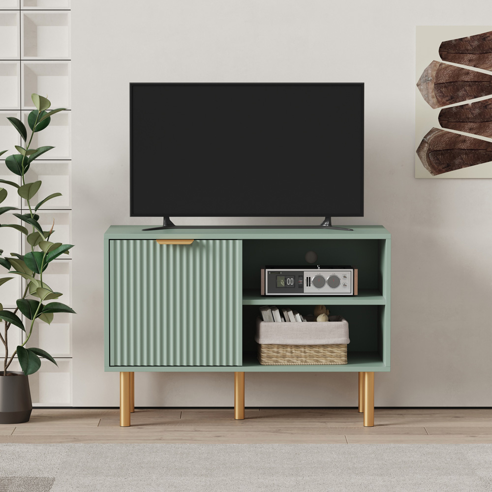 FurnitureHMD Single Door 2 Shelf Green Wave Pattern TV Unit Image 3