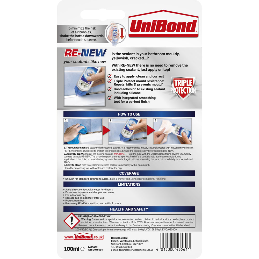 UniBond Renew White Kitchen and Bathroom Sealant Cartridge 100ml Image 7