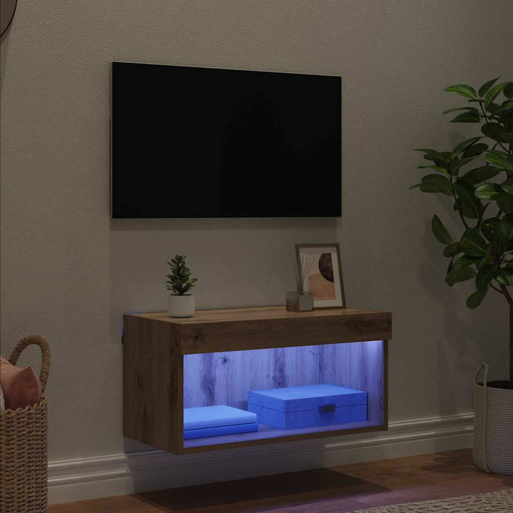 vidaXL Single Shelf Artisan Oak Wall Mounted Wide TV Cabinet with LED Light Image 5