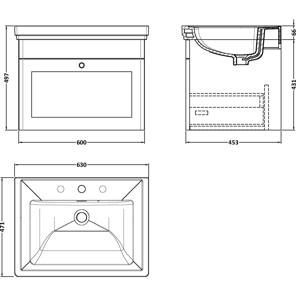 nuie Classique Single Drawer Satin White Wall Hung Vanity Unit and 3 Tap Hole Fireclay Basin 600mm Image 2