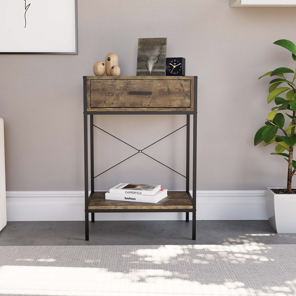 Home Vida Brooklyn Single Drawer Dark Wood Industrial Console Table Image 6