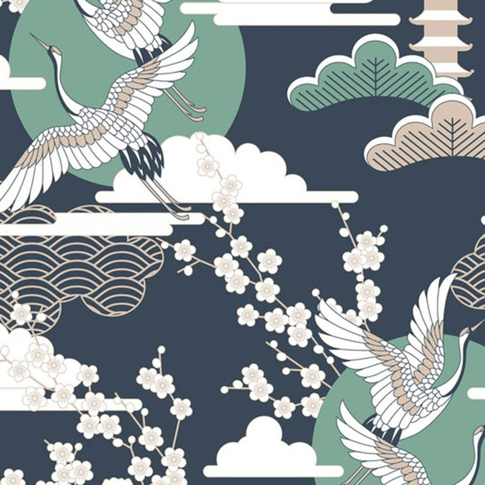 Bobbi Beck Eco Luxury Crane and Cherry Blossom Navy Wallpaper Image