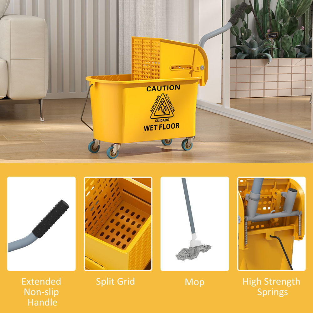 HOMCOM Yellow Mop Bucket with Wheels and Wringer 20L Image 7