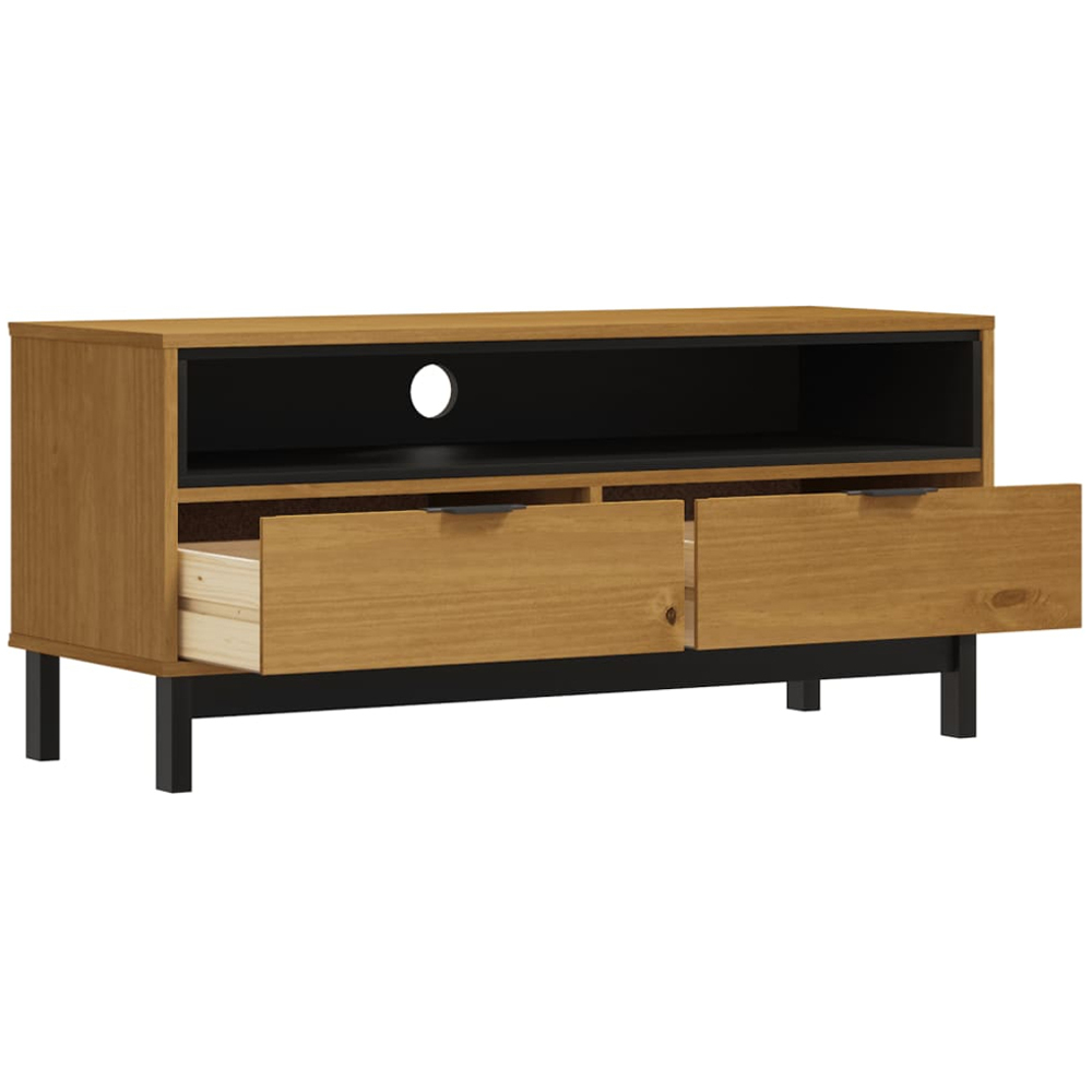 vidaXL Flam 2 Drawer Single Shelf Oak Solid Pine Wood TV Cabinet Image 4