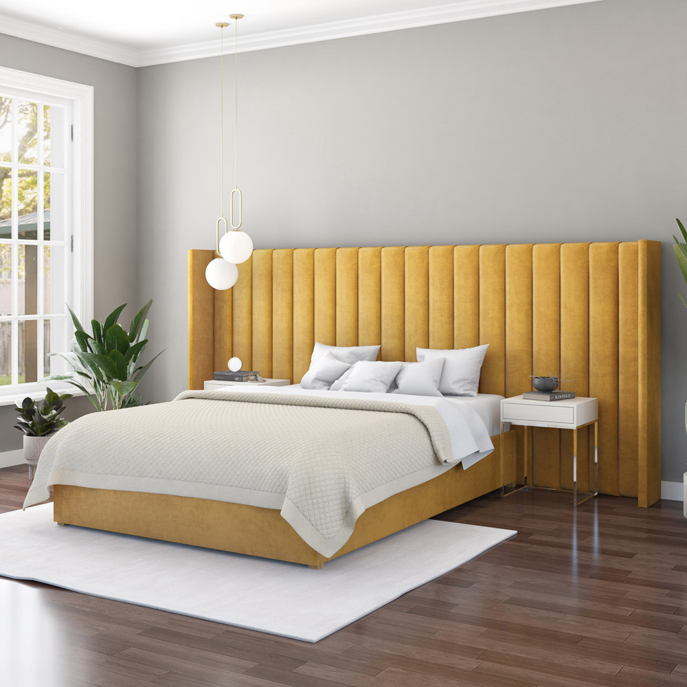 Aspire Furniture Grandeur Ochre Plush Velvet Wing Headboard Image 2