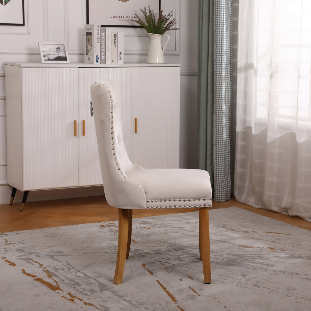 Neo Set of 2 Natural Studded Velvet Dining Chairs with Ring Knocker Detail Image 6