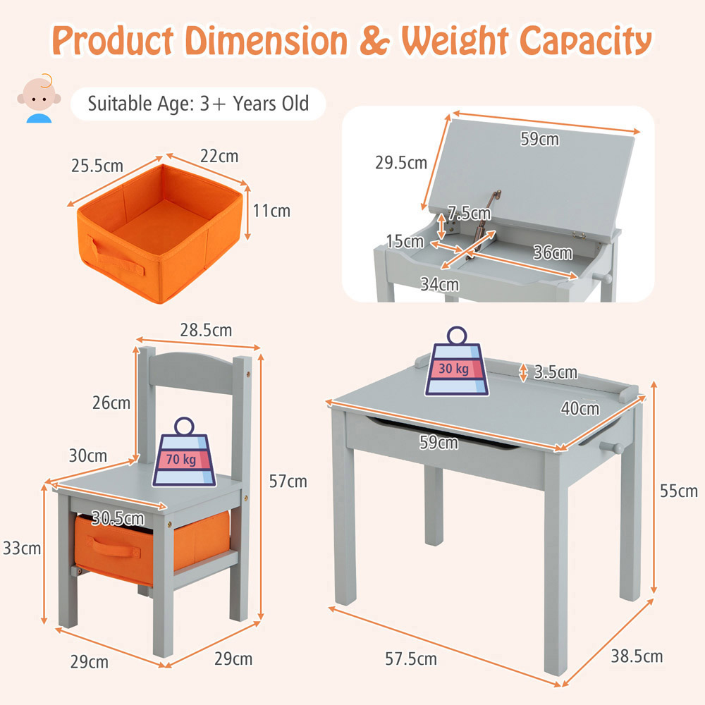 Costway Kids Grey Table and Chair Set with Hidden Space and Hook Image 9