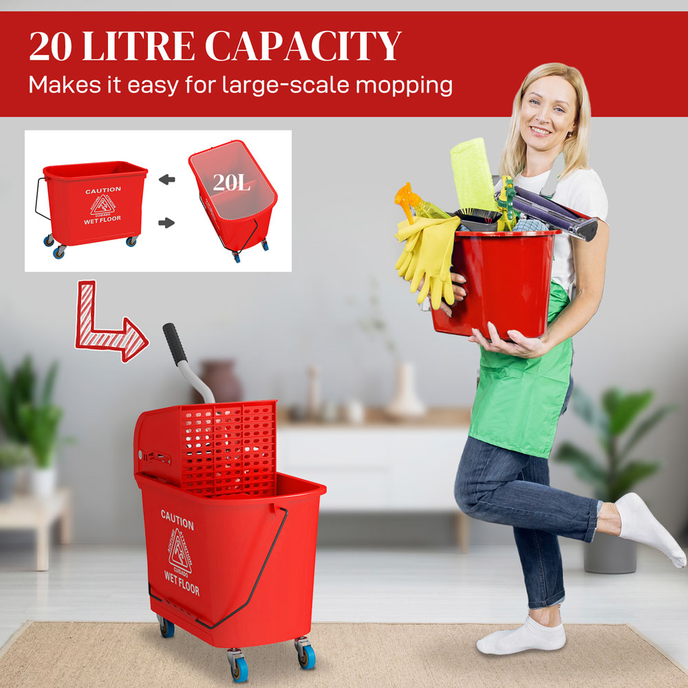HOMCOM Red Wringer Handle Mop and Bucket Set on Wheels 20L Image 4