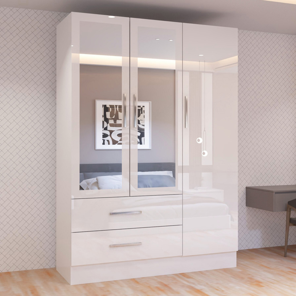 Sliding Wardrobes 4U 3 Door 2 Drawer White High Gloss Hinge Door Wardrobe 120cm Image 1