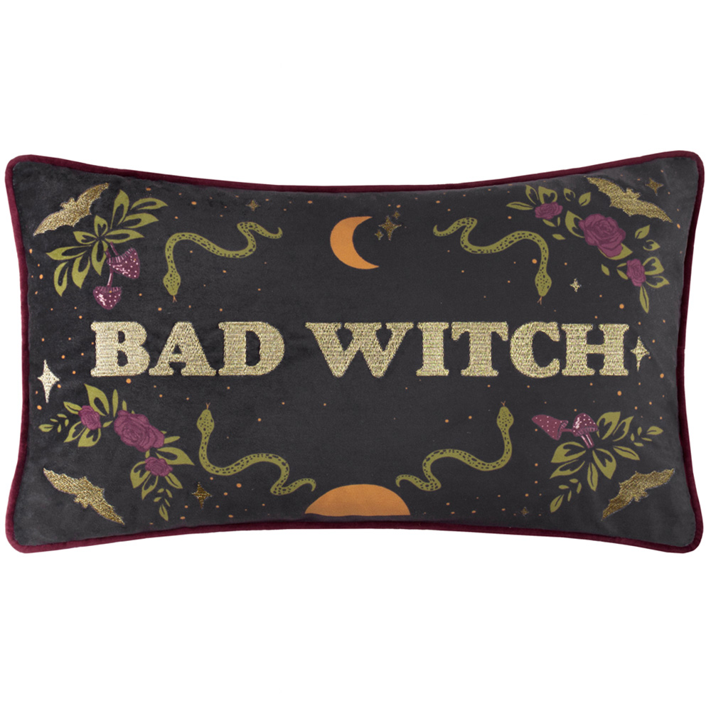 Furn Bad Witch Embroidered Black Velvet Cushion 30 x 50cm Image 1