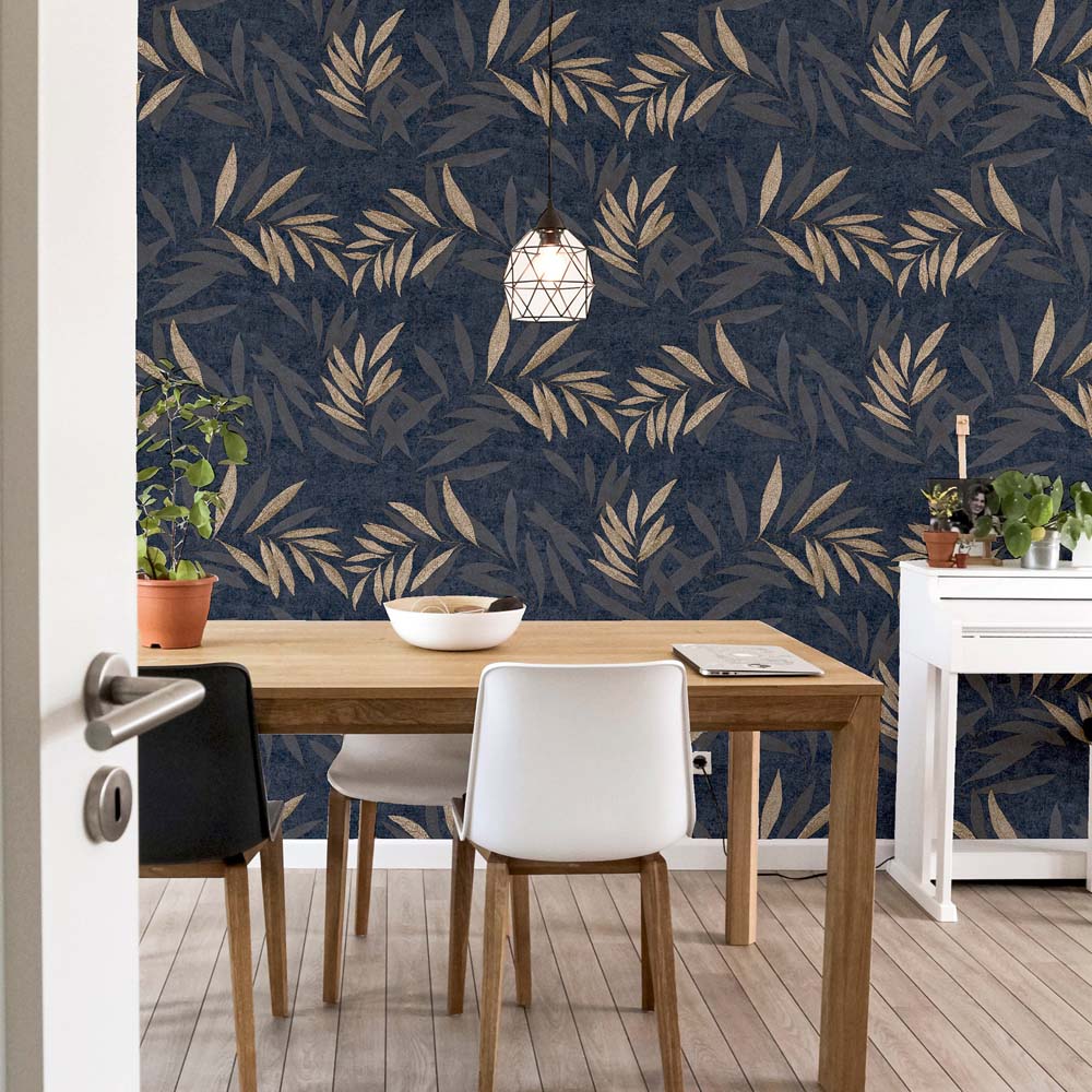 Arthouse Luxury Leaf Navy and Champagne Gold Wallpaper Image 5