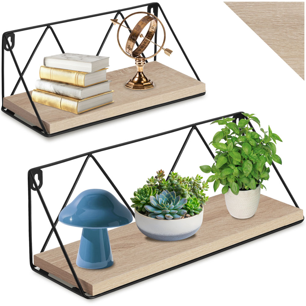 tectake Oak Wall Shelf with Decorative Metal Bracket Set of 2 Image 2
