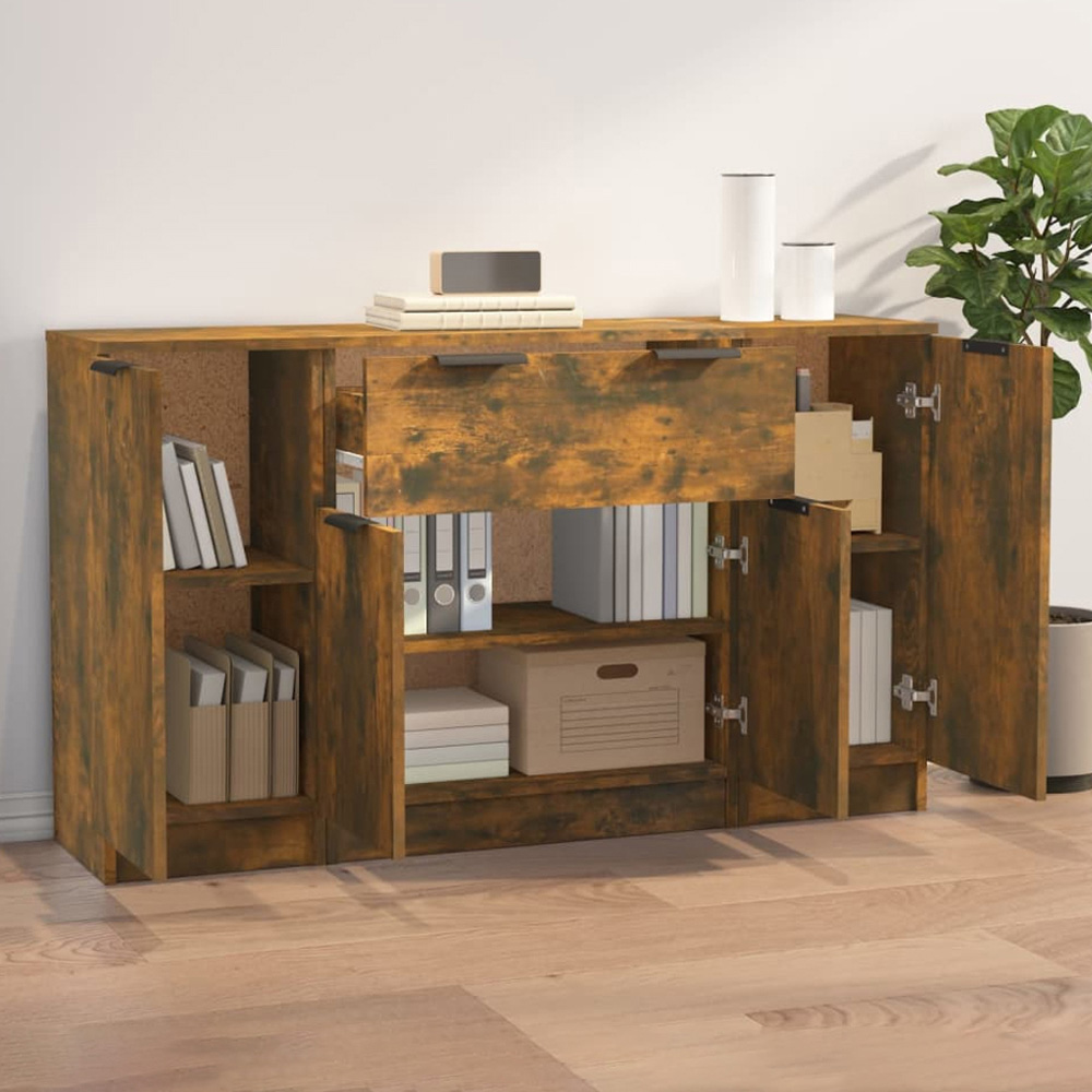 vidaXL 4 Door Single Drawer Smoked Oak Sideboard 3 Piece Image 1