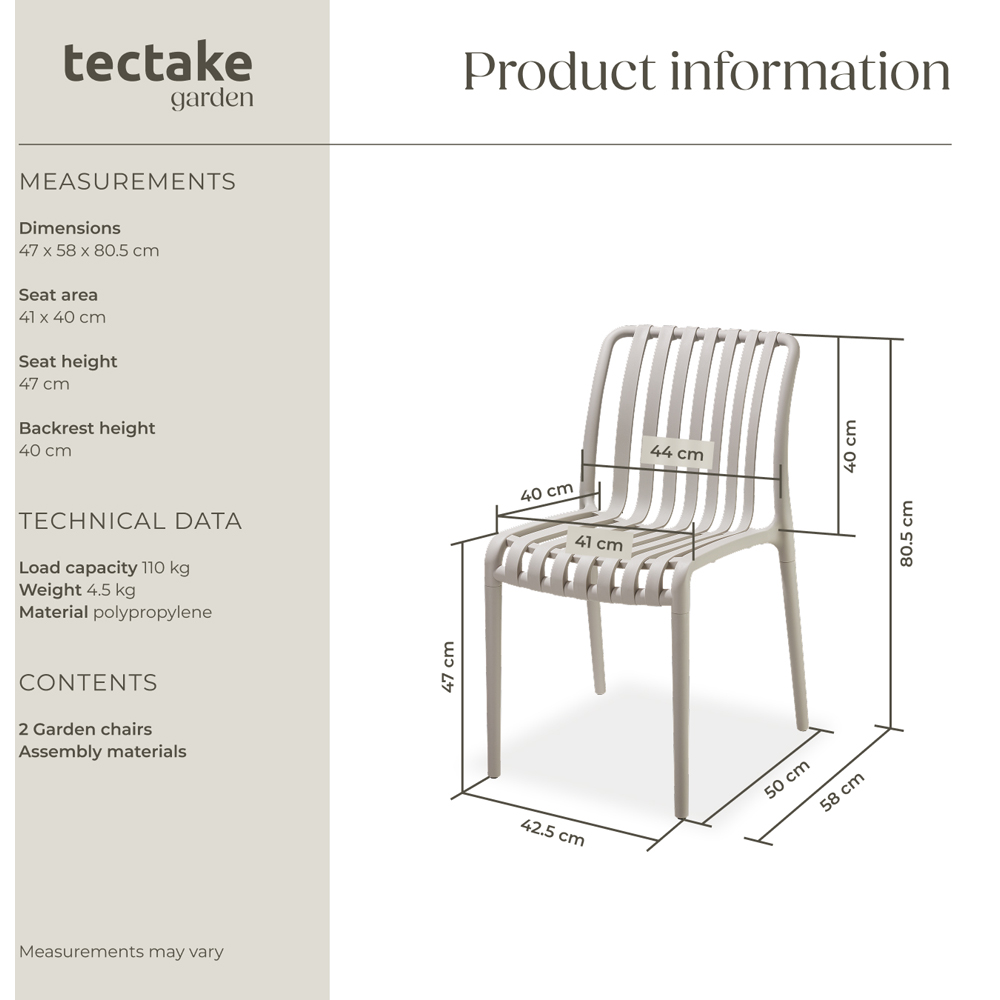 tectake Alcudia Set of 2 Taupe Stackable Garden Chair Image 9