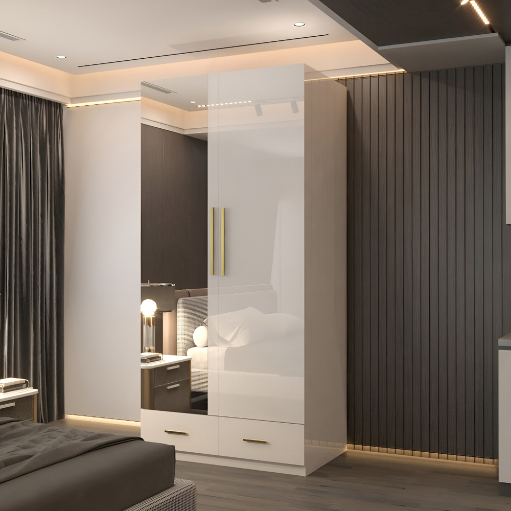 Sliding Wardrobes 4U XD4 2 Door 2 Drawer White High Gloss Gold Handle Mirror Wardrobe Image 5
