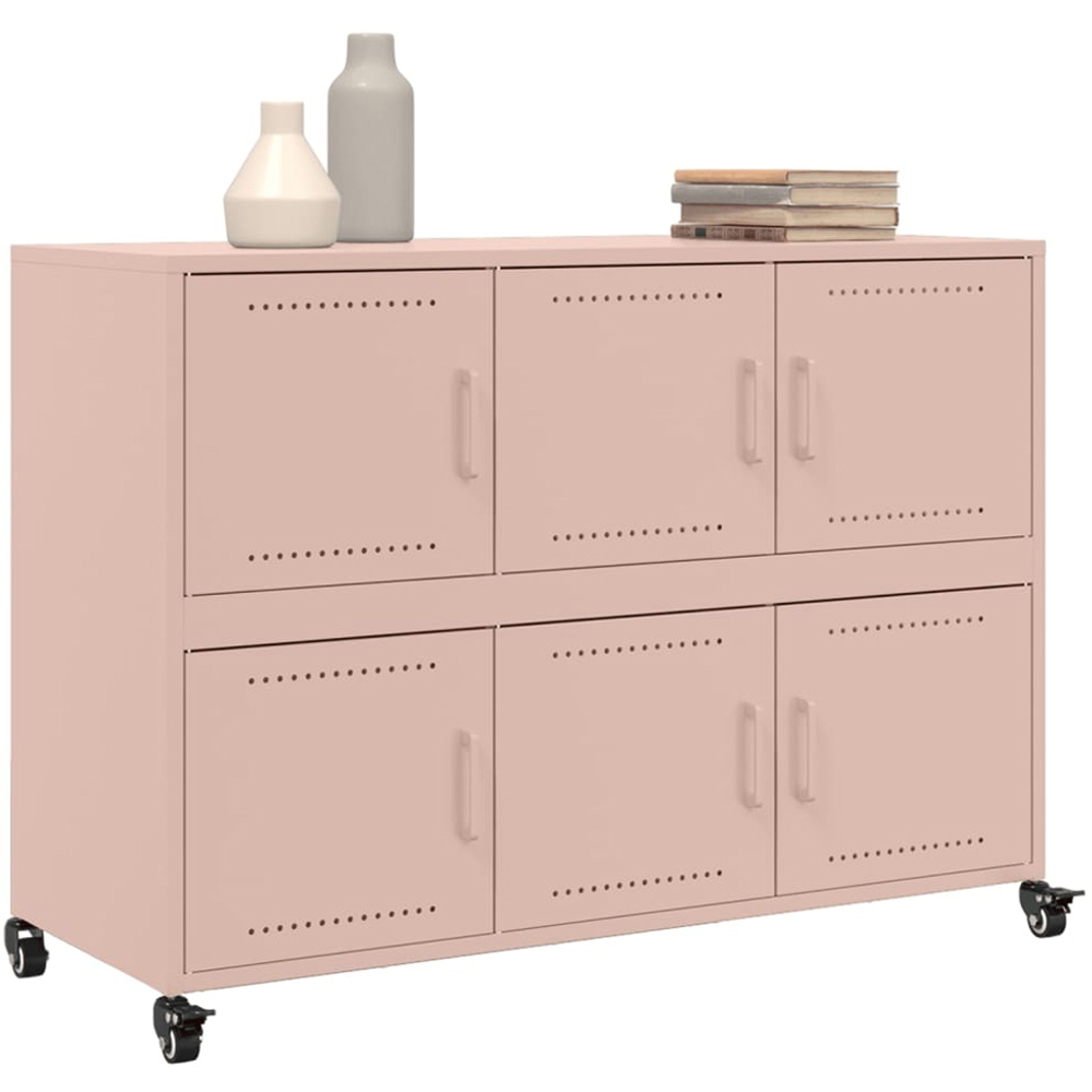 vidaXL 6 Door Pink Metal Sideboard with Wheels Image 4