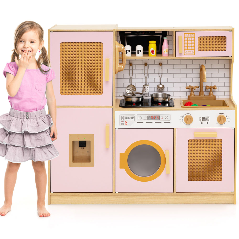 Costway Kids Pink Wooden Kitchen Playset with Stove and Water Dispenser Image 3