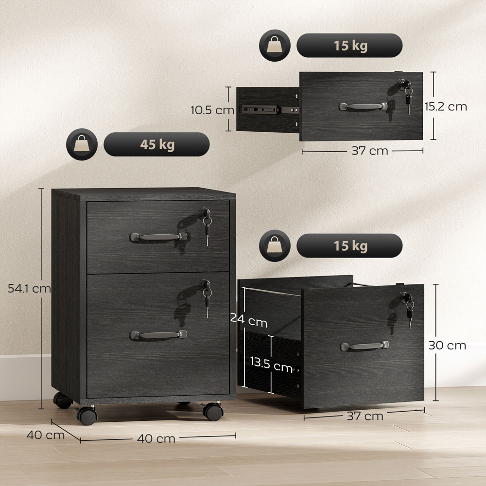 Portland 2 Drawer Black Mobile Lockable Filing Cabinet with Keys  Image 9