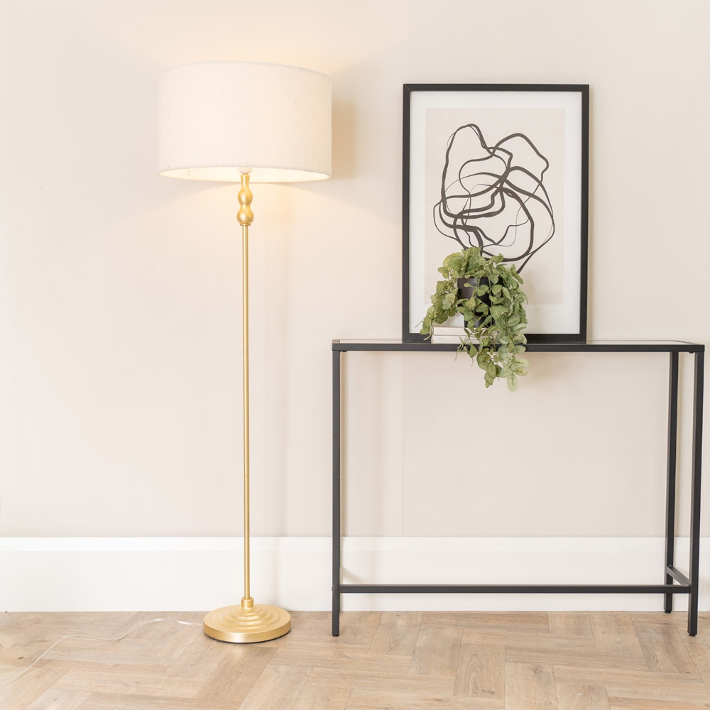 ValueLights Maggie Cream Boucle and Gold Drum Shade Candlestick LED Floor Lamp Image 2