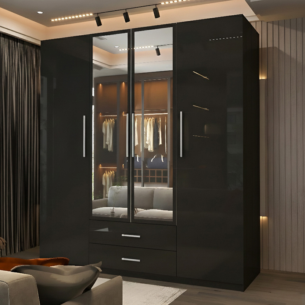 Sliding Wardrobes 4U 4 Door 2 Drawer Black High Gloss Hinge Door Wardrobe 160cm Image 1