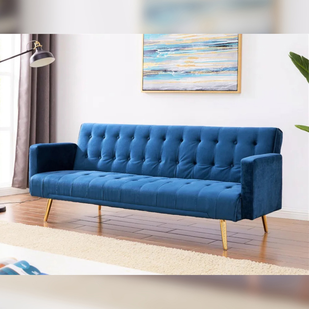 Comfy Living 3 Seater Blue and Gold Plush Velvet Sofa Bed Image 3