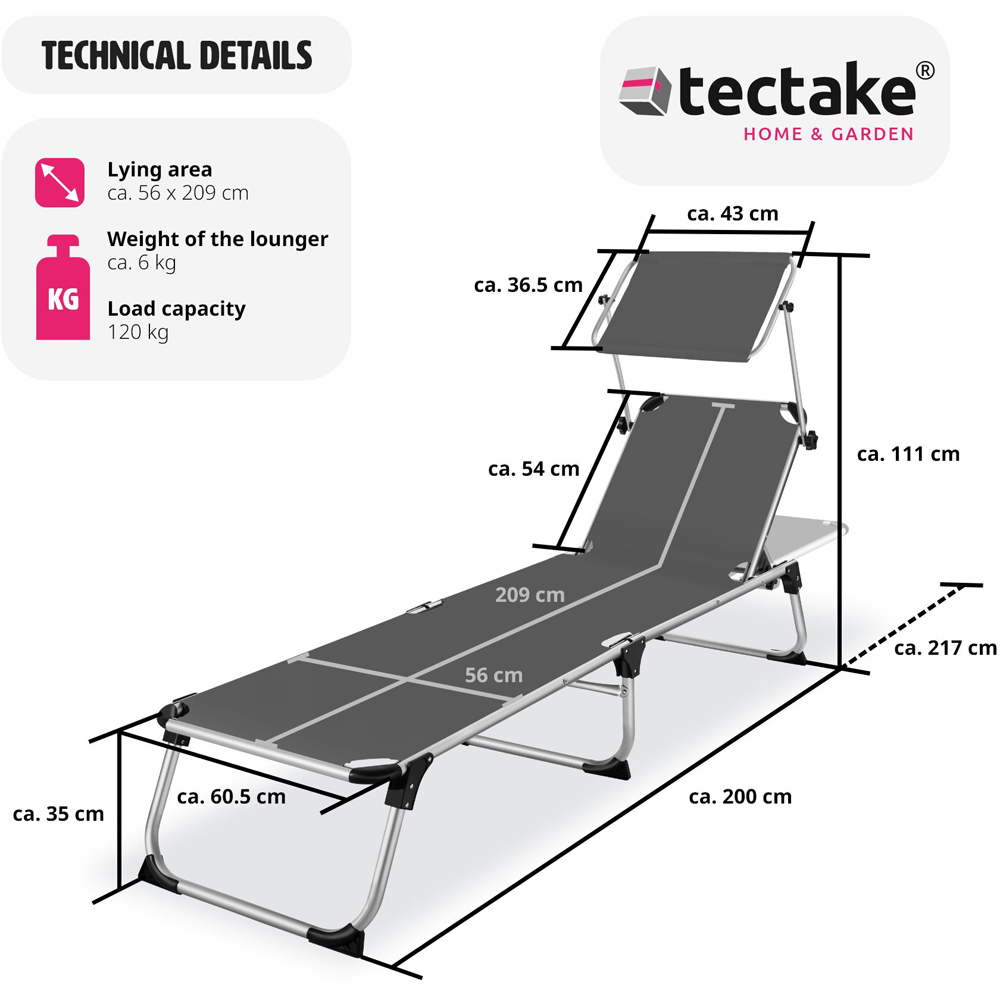 tectake Aurelie Grey 6 Step Adjustable Backrest Foldable Sun Lounger Image 8