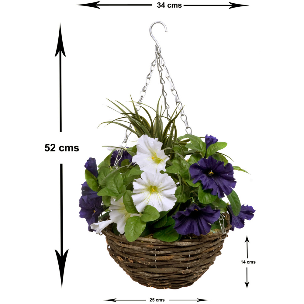 GreenBrokers Artificial Dark Purple and White Petunias Round Rattan Hanging Plant Baskets 2 Pack Image 3
