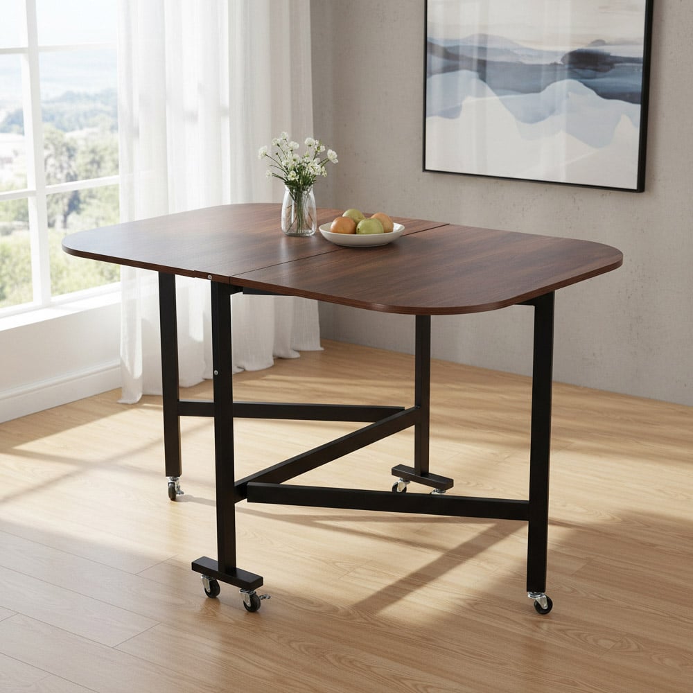 Living and Home 4 Seater Dark Brown Folding Drop Leaf Table with Wheel Image 7