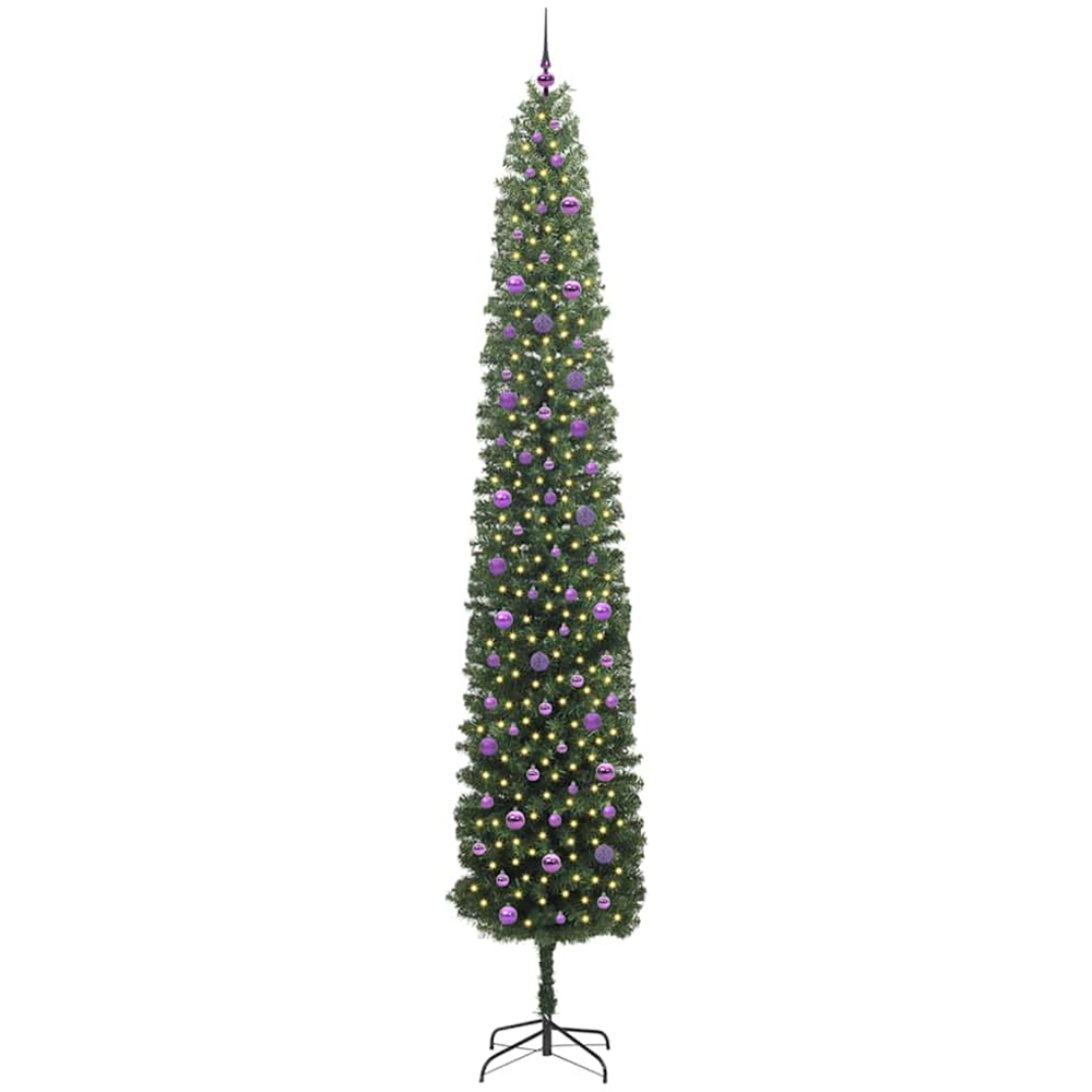 vidaXL Green Artificial Christmas Tree with LEDs Lilac Decoration Ornaments 10ft Image 1