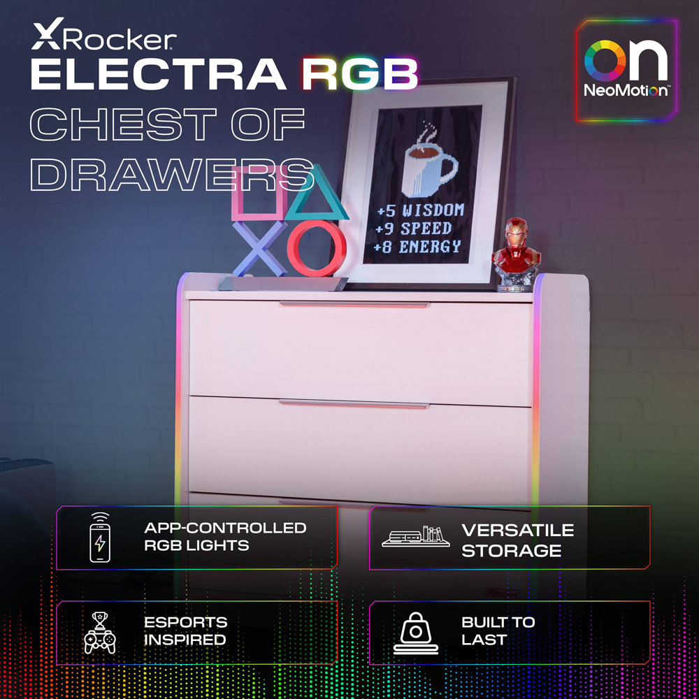 X Rocker Electra 3 Drawer White Chest of Drawers with Neo Motion Sync App Controlled LED Light Image 2