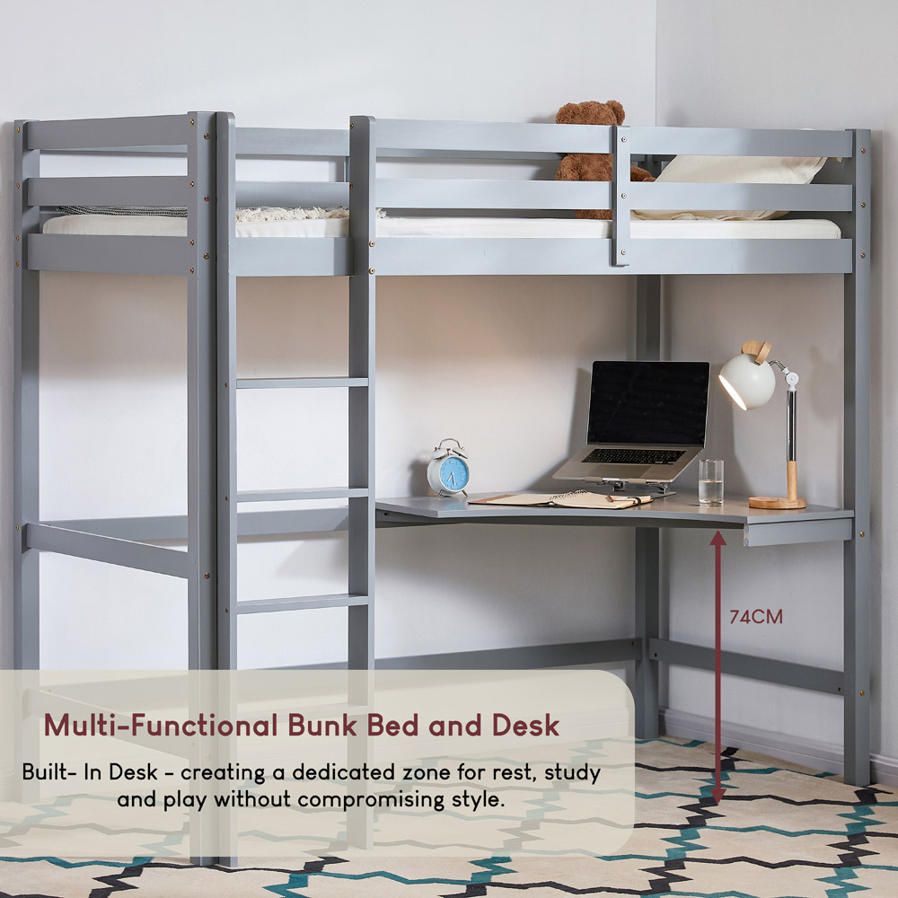 VIDA DESIGNS Sydney Single Grey Bunk Bed with Desk and Foam Mattress Image 8