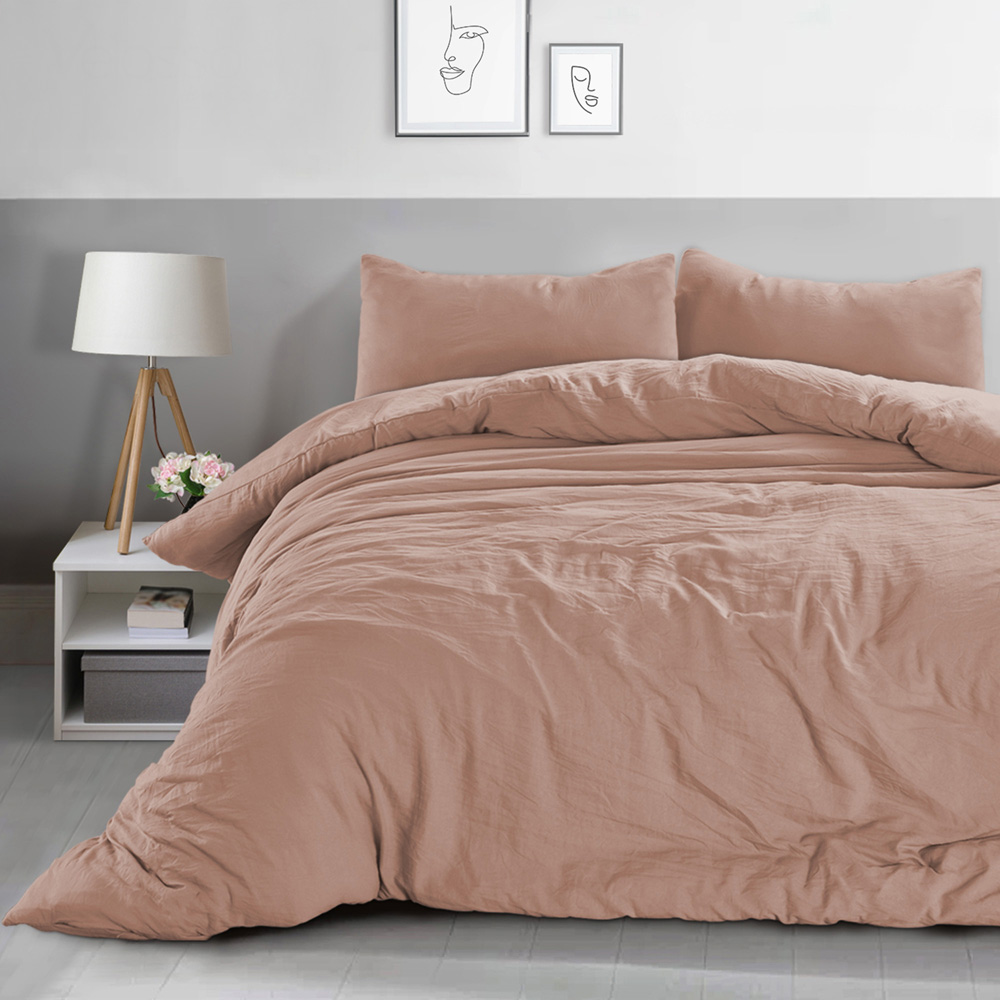 Velosso Washed Linen Look King Size Pink Duvet Set Image 1