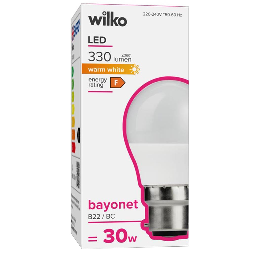 Wilko 1 Pack Bayonet B22/BC LED 330 Lumens Round Light Bulb Image 1