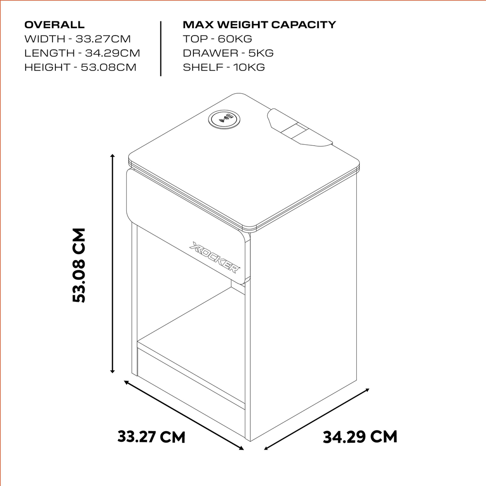X Rocker Carbon-Tek Single Drawer Single Shelf Grey and Red LED Bedside Table with Charging Image 9