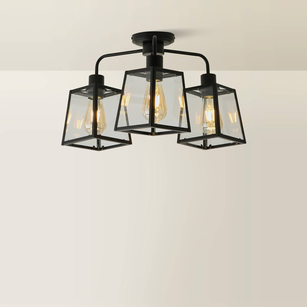 ValueLights Susie 3 Arm Lantern Shade Matt Black Glass Ceiling Light with Bulb Image 5