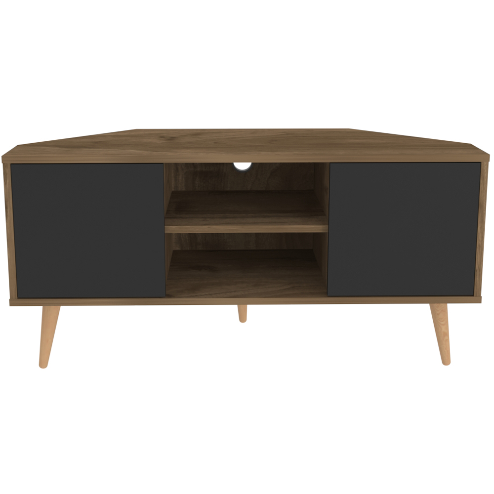 Decorotika Lesson 2 Door 2 Shelf Walnut and Black Corner TV Stand Image 7