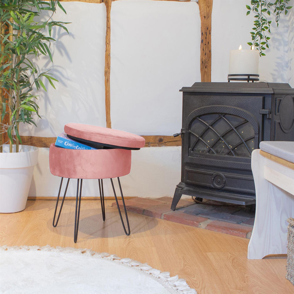 Harbour Housewares Pink and Black Velvet Round Footstool with Storage Image 6