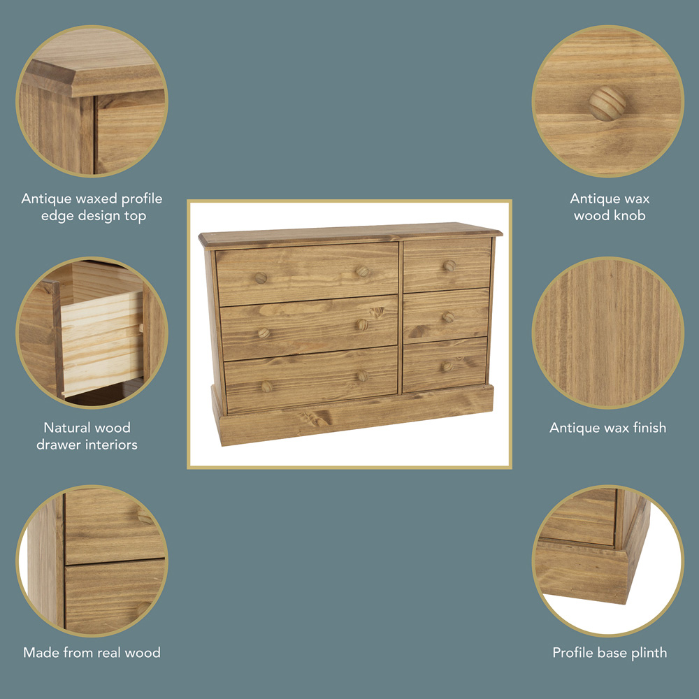 Core Products Cotswold 6 Drawer Pine Wide Chest of Drawers Image 7